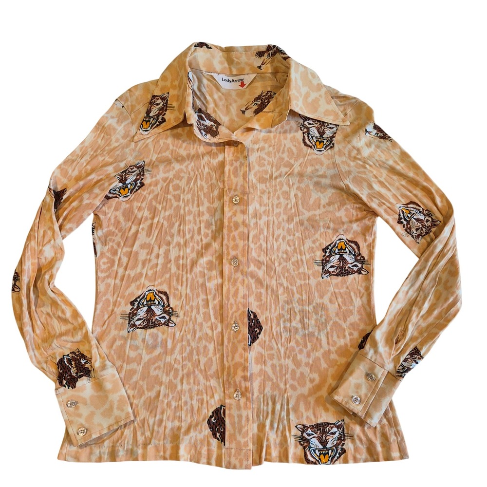 Vintage Lady Arrow Leopard Tiger Print Button Down Shirt Long Sleeve Tan 70s